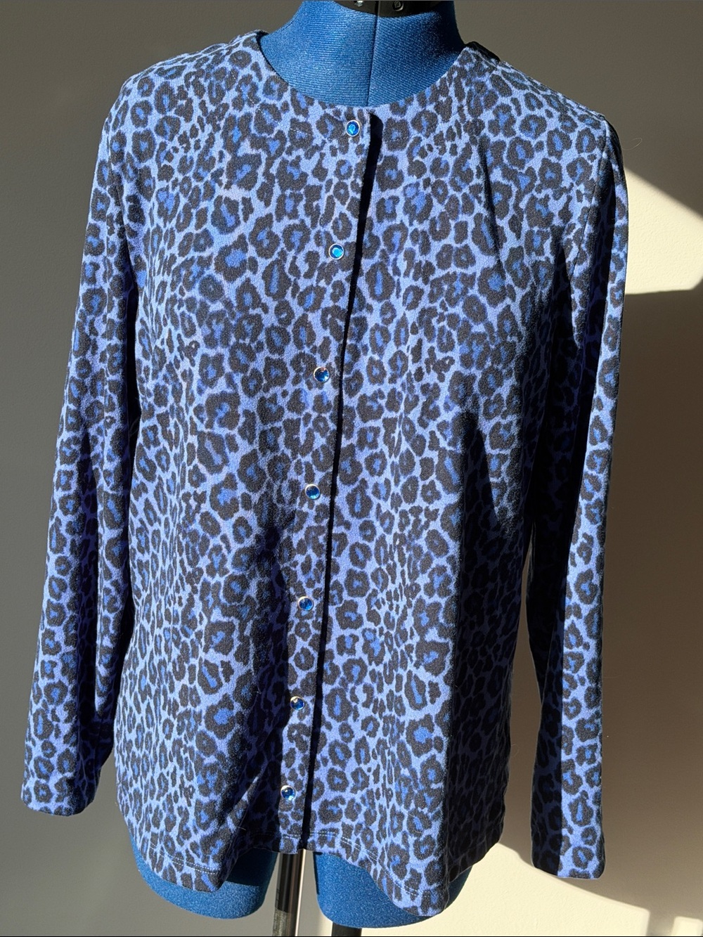 Quacker Factory Blue Leopard Print Button-Up Cardigan